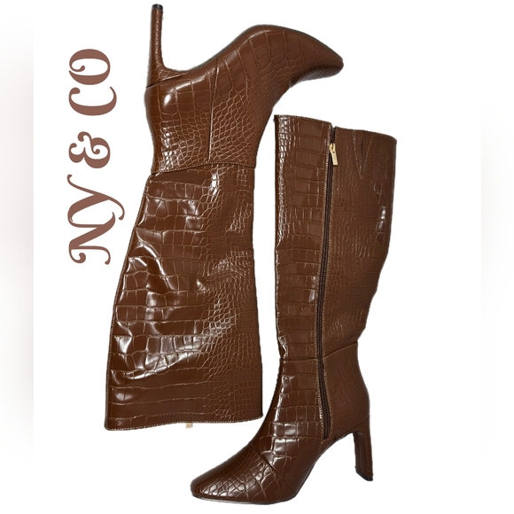 New York & Company Isabella Knee High Boots Sz 7 Brown Faux Crocodile Print - Picture 1 of 11